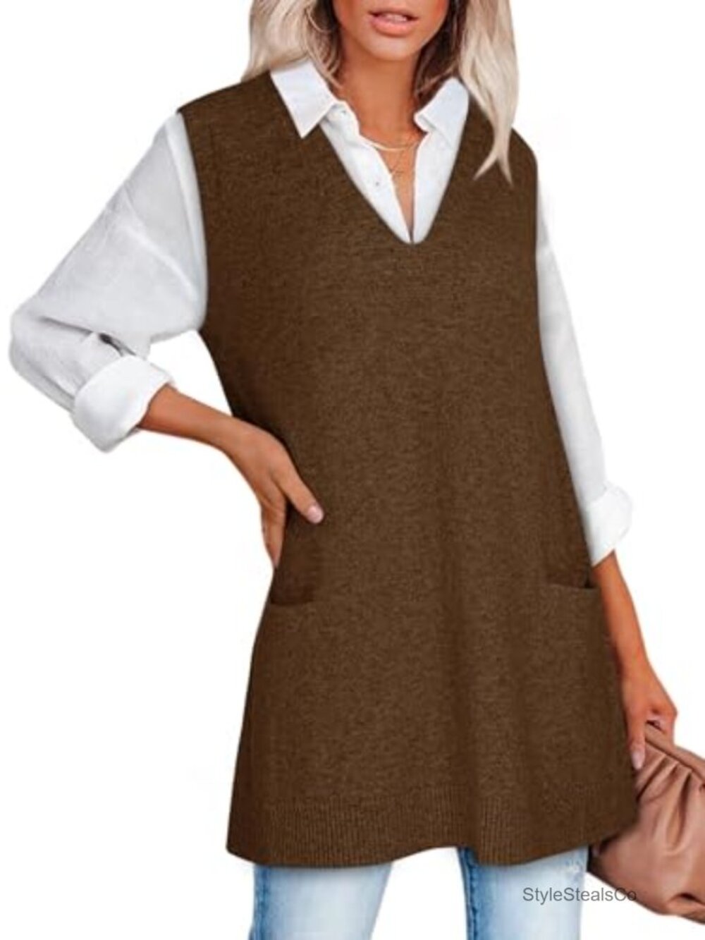 Womens Oversized V Neck Sweater Vest Sleeveless Tunic Mini Dress with Pockets